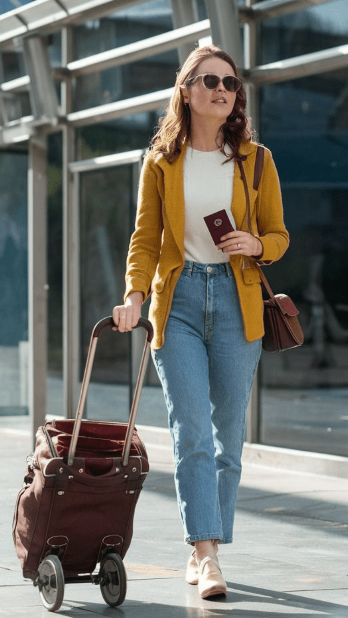 Woman with sunglasses and a mustard cardigan pulling a suitcase outside an airport terminal.