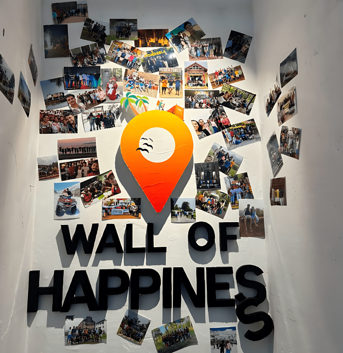 A collage of photographs arranged around a central graphic resembling a location marker with a happy face, titled "wall of happiness.